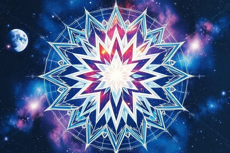 Ilustración acuarela de fragmentos de espejo reflejando una constelación, reensamblándose en una forma luminosa, simbolizando la curación y el renacimiento espiritual.