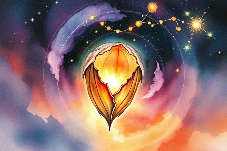 Pintura de acuarela de una crisálida abriéndose con una luz brillante en el interior, rodeada de colores de transición.