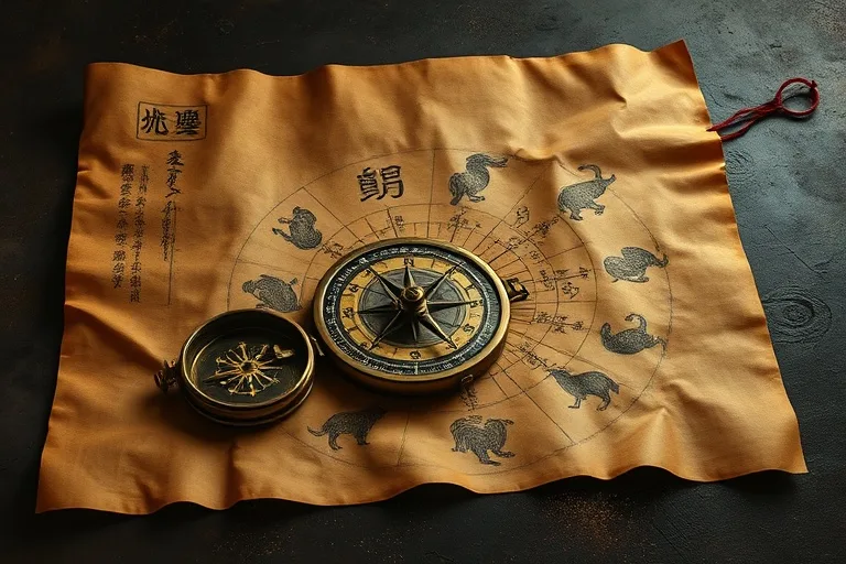 Pintura al óleo de un antiguo pergamino chino y una brújula, simbolizando el destino.
