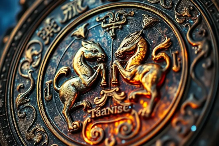 Fotografía macro de una rueda de Zodiaco Chino, con un aura mística.