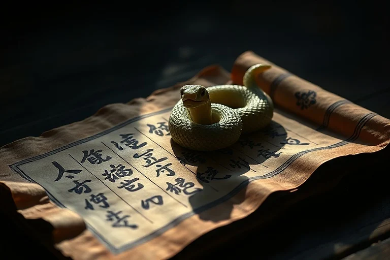Antiguo pergamino con caligrafía china y una serpiente de jade, iluminados por la luna, evocando misterios kármicos y sabiduría ancestral.