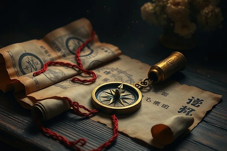 Bodegón cinematográfico con pergaminos antiguos, un compás y hilos rojos entrelazados sobre un escritorio de madera, simbolizando la búsqueda de la verdad kármica.