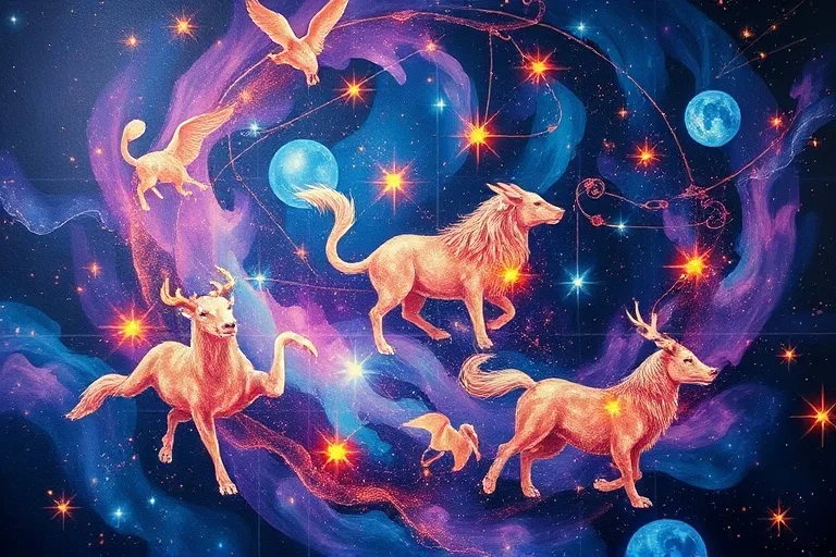 Pintura al óleo abstracta con energías cósmicas arremolinándose y siluetas sutiles de animales del zodiaco chino, simbolizando la interconexión ancestral.