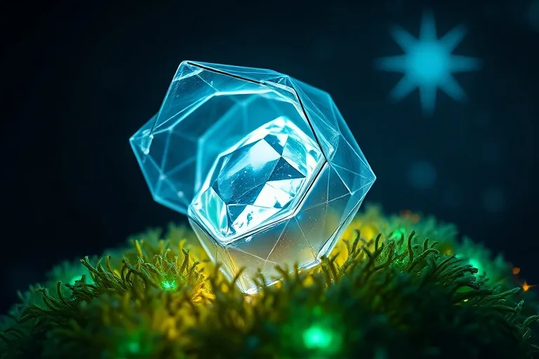 Un cristal brillante emergiendo de una crisálida sobre musgo futurista, rodeado de patrones geométricos, simbolizando el crecimiento, la transformación y el propósito futuro del Nodo Norte.