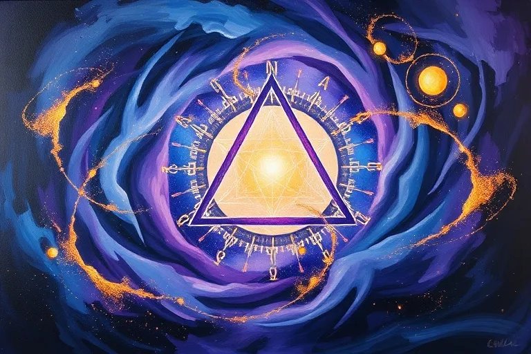 Pintura al óleo abstracta con colores arremolinados, azules profundos, púrpuras y toques dorados, formando patrones numéricos sutiles que guían hacia un punto luminoso central.
