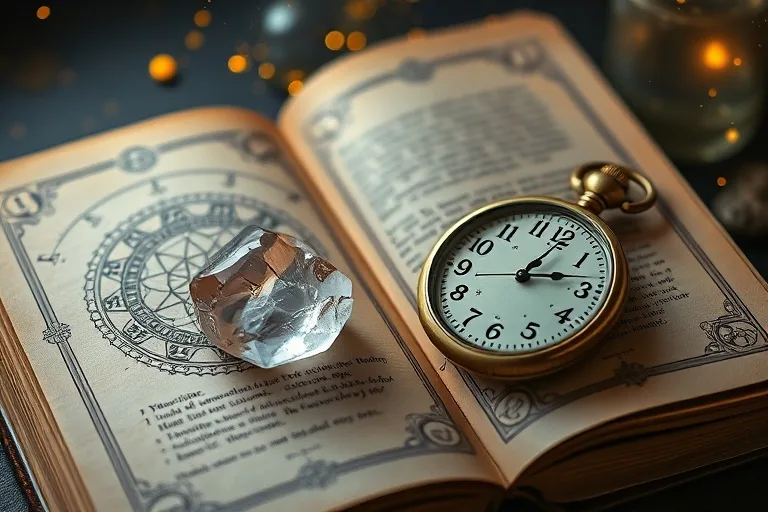 Libro antiguo de numerología abierto con un cristal de cuarzo y un reloj de bolsillo marcando 11:11, bajo una luz dorada.