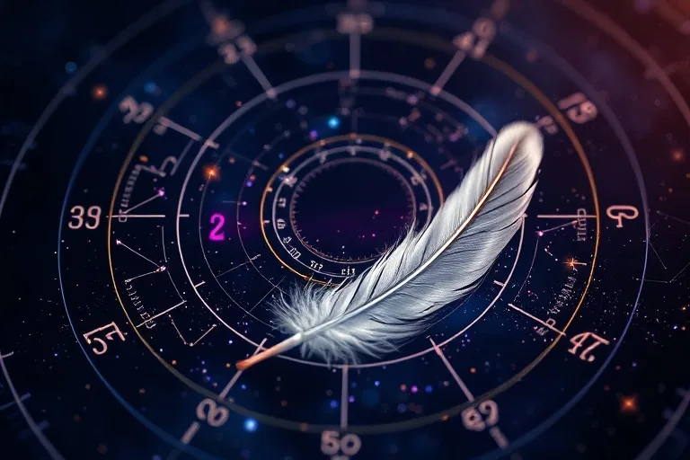 Mapa celestial con constelaciones y alineaciones planetarias, superpuesto con secuencias numéricas brillantes y una pluma delicada, en tonos azules y púrpuras.
