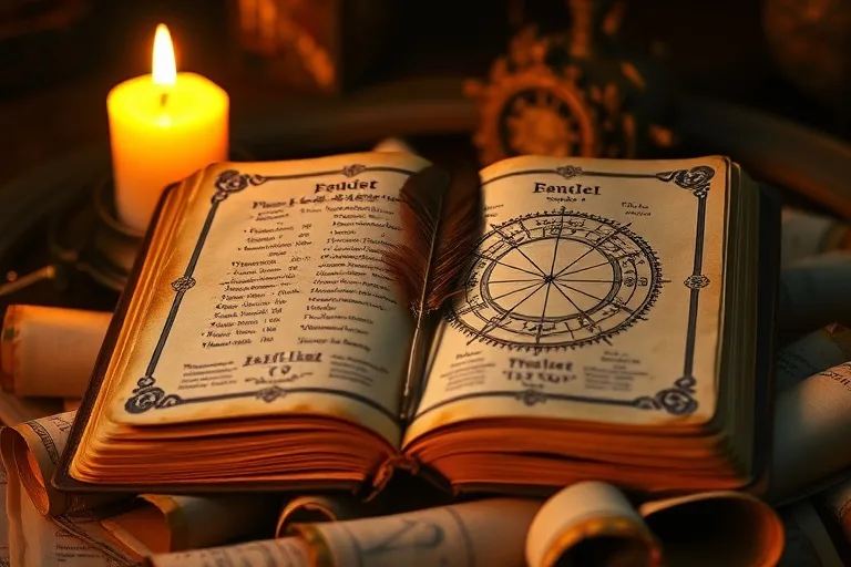 Un antiguo diario de cuero abierto con secuencias numéricas y símbolos esotéricos, iluminado por una vela parpadeante, sobre pergaminos envejecidos y un marcapáginas de pluma.