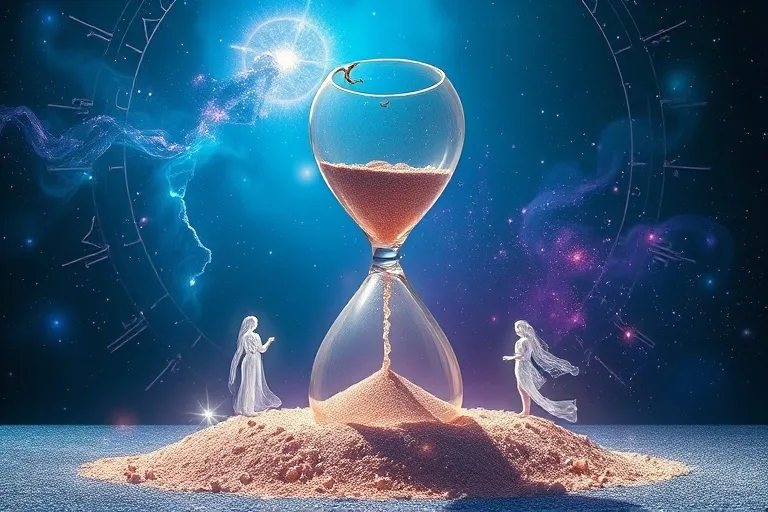 Un reloj de arena roto con arena que fluye hacia arriba en una nebulosa cósmica, donde figuras etéreas simbolizan el ciclo del karma y el viaje del alma a través de encarnaciones, en tonos azules y morados.