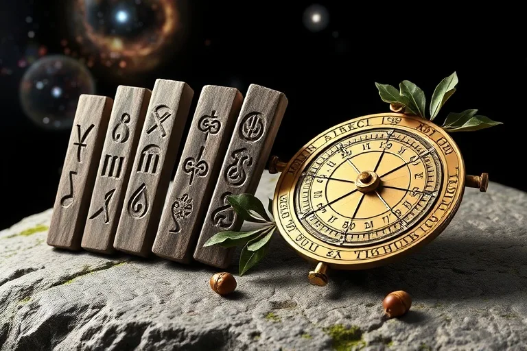 Bodegón 3D renderizado de estacas Ogham pulidas sobre un altar de piedra, junto a un astrolabio y una rama de roble.