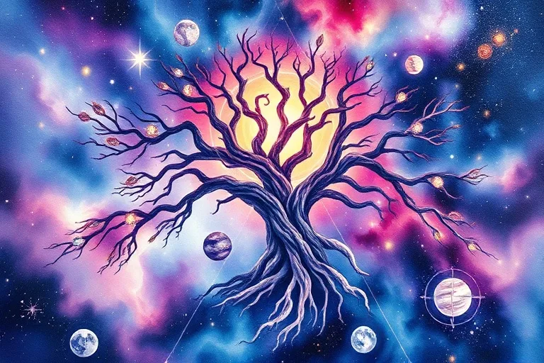 Pintura acuarela abstracta de raíces y ramas interconectadas formando un árbol cósmico, con símbolos planetarios y colores celestiales.
