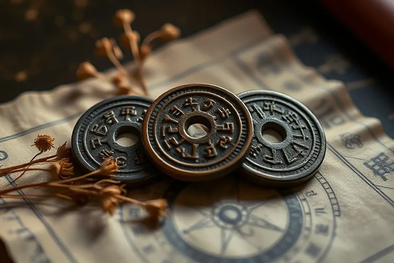 Fotografía macro de tres monedas chinas antiguas y tallos de milenrama sobre un pergamino de seda con hexagramas del I Ching.