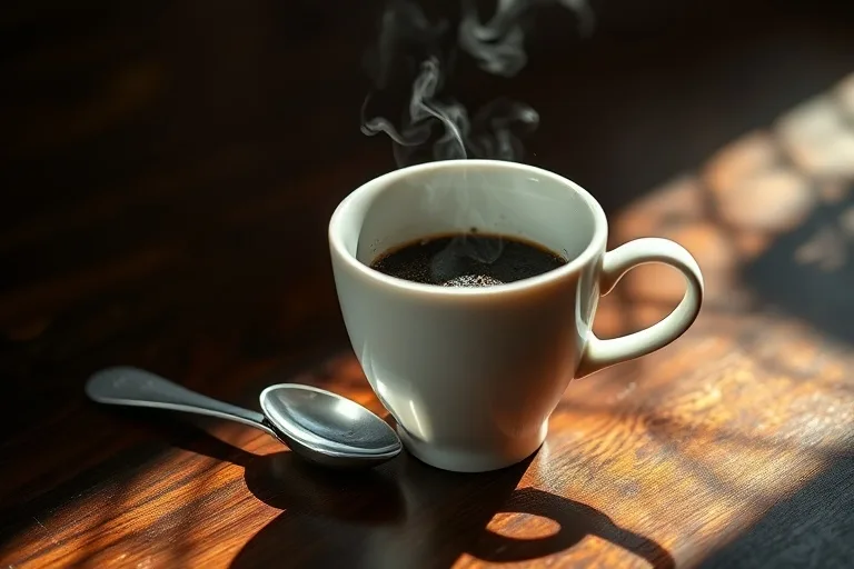 Fotografía cinematográfica de una taza de porcelana con posos de café formando patrones, con vapor ascendente y una cuchara de plata en una mesa de madera oscura.