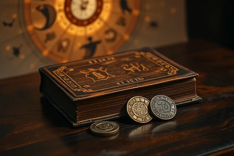 Fotografía de bodegón de un antiguo libro de I Ching de cuero sobre una mesa de madera pulida, con tres monedas de bronce antiguas, iluminación suave y contemplativa.