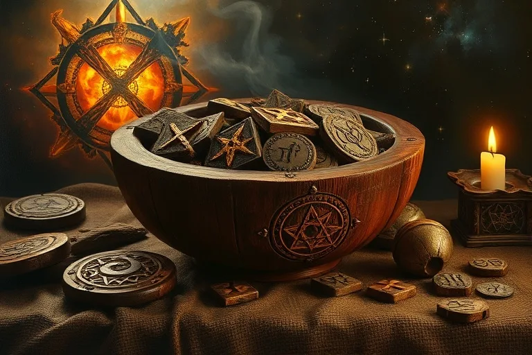 Pintura al óleo de un cuenco de madera desgastado lleno de runas talladas, esparcidas sobre una tela rústica oscura, iluminadas por la luz de las velas, evocando misterio.