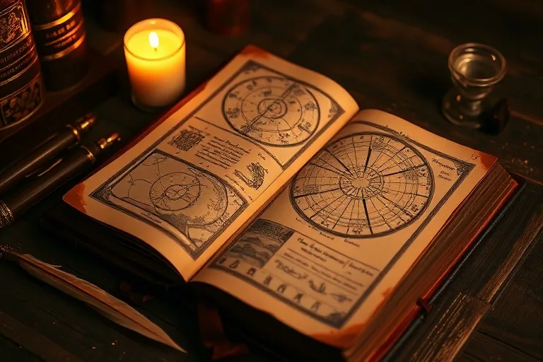 Fotografía vintage de un libro de cuero antiguo sobre un escritorio de madera, iluminado por una vela, con una pluma y un tintero. Las páginas muestran diagramas astronómicos y símbolos.