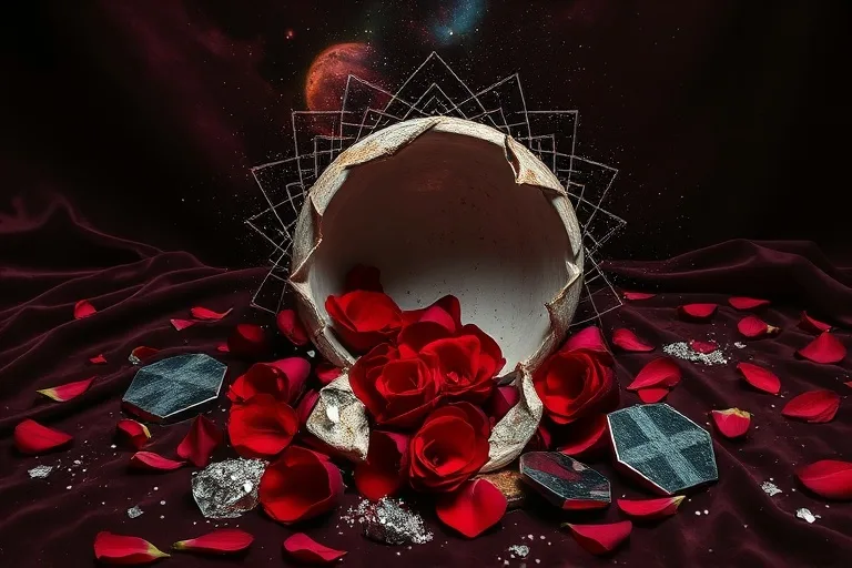 Pintura al óleo de un jarrón de cerámica roto derramando pétalos de rosa rojos sobre una tela oscura, con fragmentos de espejo esparcidos, simbolizando belleza y conflicto.