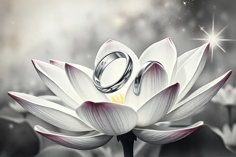 Pintura de acuarela de dos anillos de plata entrelazados descansando sobre una delicada flor de loto abierta, rodeados por una luz suave y etérea. El fondo es un paisaje celestial suave y borroso.