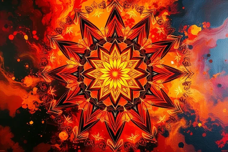 Pintura al óleo abstracta con patrones de rojos, naranjas y oros mezclados con tonos tierra, evocando energía y base sólida