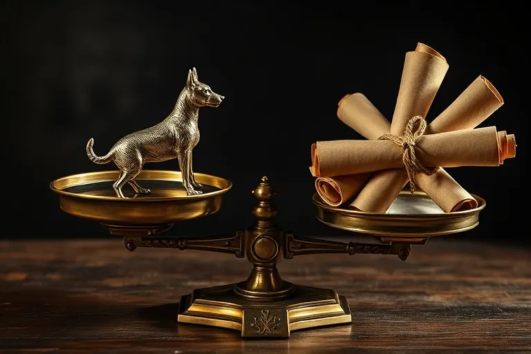 Fotografía cinematográfica de una balanza de latón equilibrada con una estatuilla de perro de metal y pergaminos legales, bajo una luz dramática.