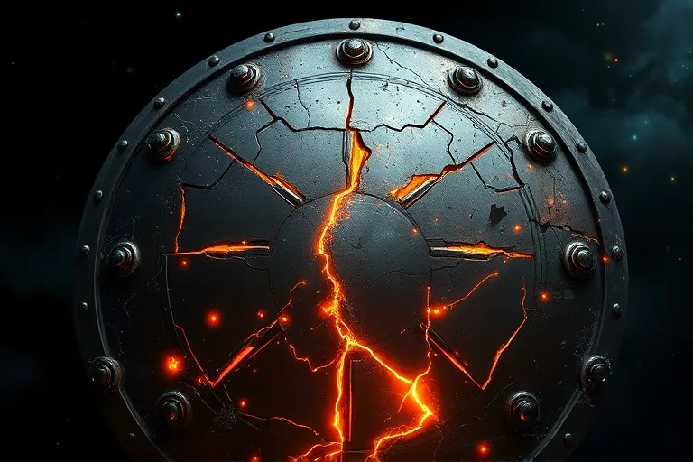 Arte conceptual abstracto de un escudo de metal roto y reforjado con costuras brillantes, simbolizando resiliencia y protección.