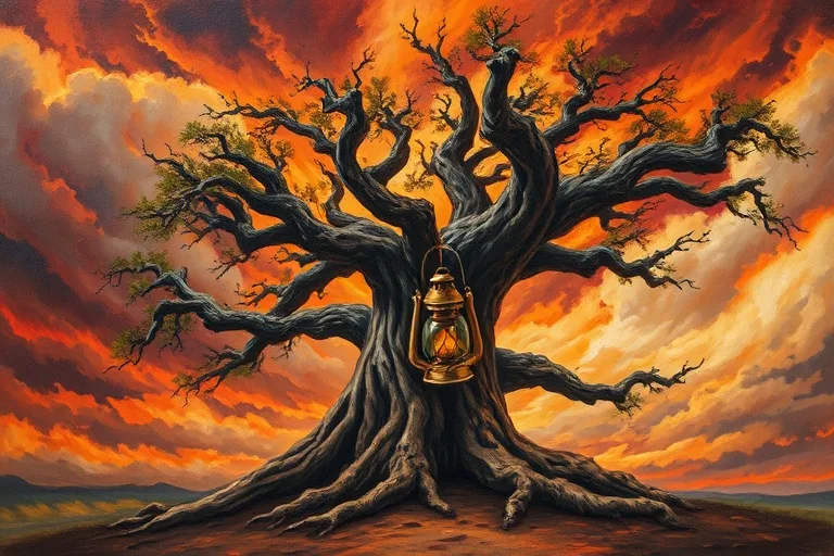 Pintura al óleo de un roble antiguo con raíces profundas bajo un cielo tormentoso de tonos rojos y naranjas, con un farol colgando