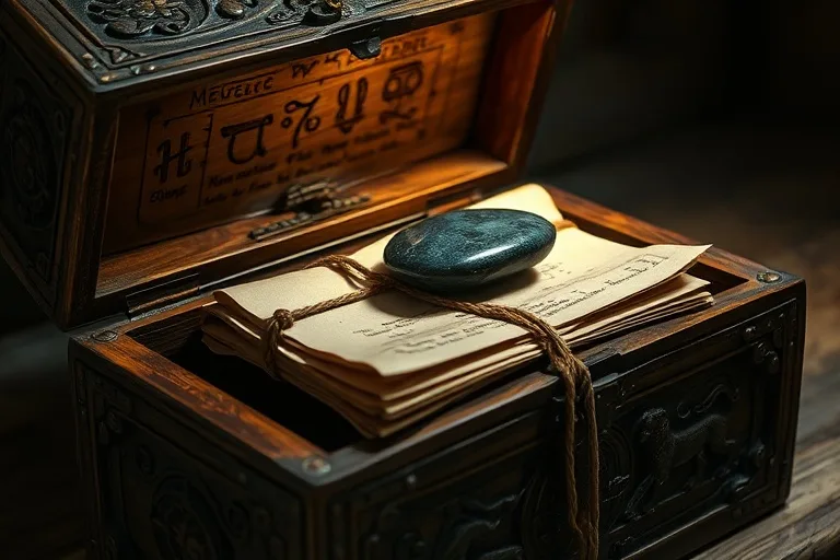 Bodegón cinematográfico de un cofre de madera antiguo con pergaminos atados con una cuerda y una piedra pulida encima.