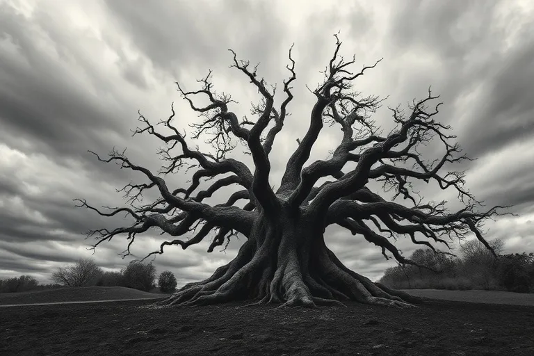 Fotografía conceptual de un roble antiguo con raíces profundas en suelo oscuro, contra un cielo nublado, simbolizando resiliencia y conexión.