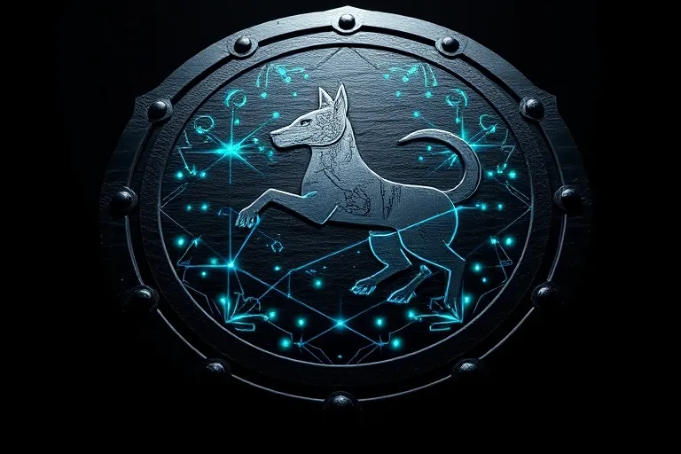 Escudo metálico con silueta de perro y circuitos, simbolizando fuerza y protección
