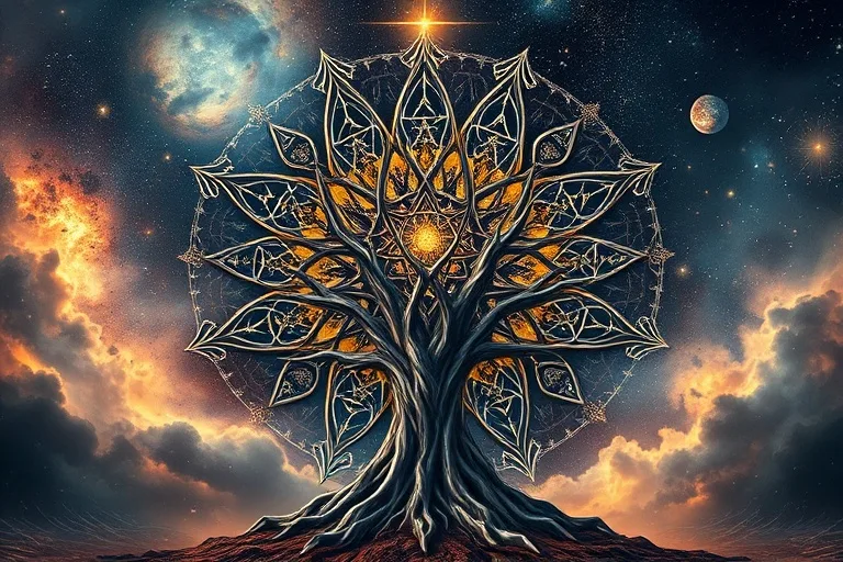 Pintura digital abstracta de un árbol metálico con raíces profundas y ramas geométricas bajo un cielo dramático, representando la integridad y estructura del Perro de Metal.