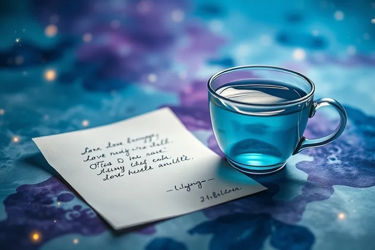 Cartas de amor a medio escribir, teacup, acuarela, simbolizando los desafíos de comunicación y el mundo emocional de Piscis.