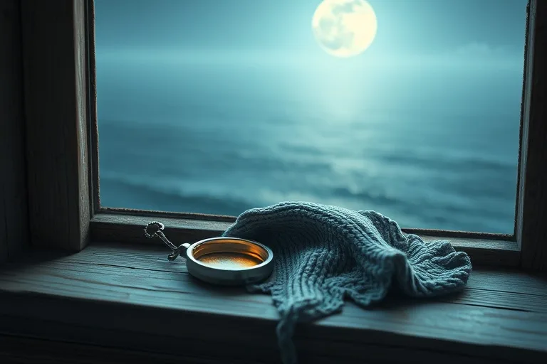 Fotografía cinematográfica de naturaleza muerta, un alféizar de ventana de madera desgastada con vista a un océano tranquilo a la luz de la luna. Sobre el alféizar, un relicario de plata antiguo abierto junto a una pequeña manta tejida a mano, con un suave resplandor cálido.