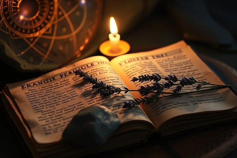 Fotografía cinematográfica de bodegón con textos espirituales antiguos, diarios de sueños, lavanda y una piedra de río, iluminados por una vela.