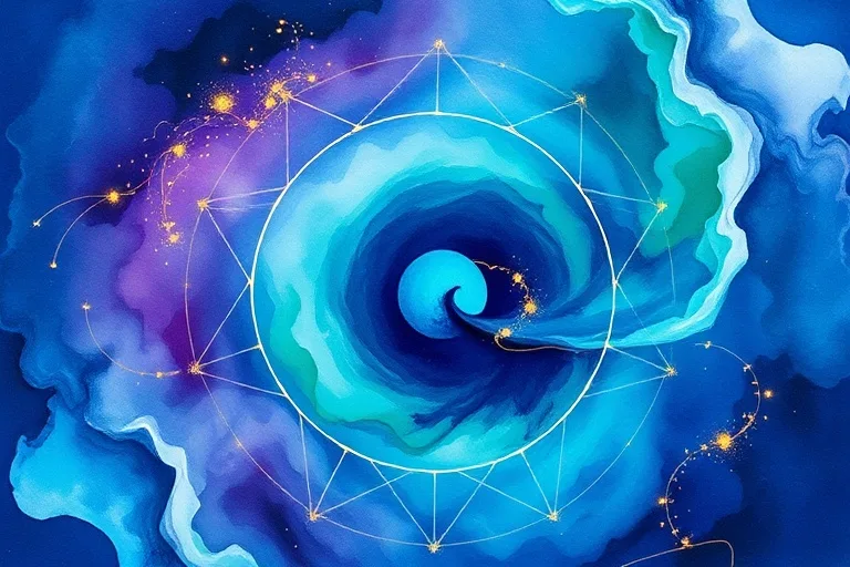 Pintura abstracta en acuarela con tonos de azul, púrpura y verde que se mezclan, evocando la fluidez del océano y la mente subconsciente, con detalles dorados.