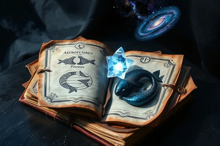 Bodegón cinematográfico de un libro antiguo titulado 'Cosmic Whispers' sobre una mesa de obsidiana, con una esfera de cristal reflejando galaxias, simbolizando conocimiento místico y sueños.