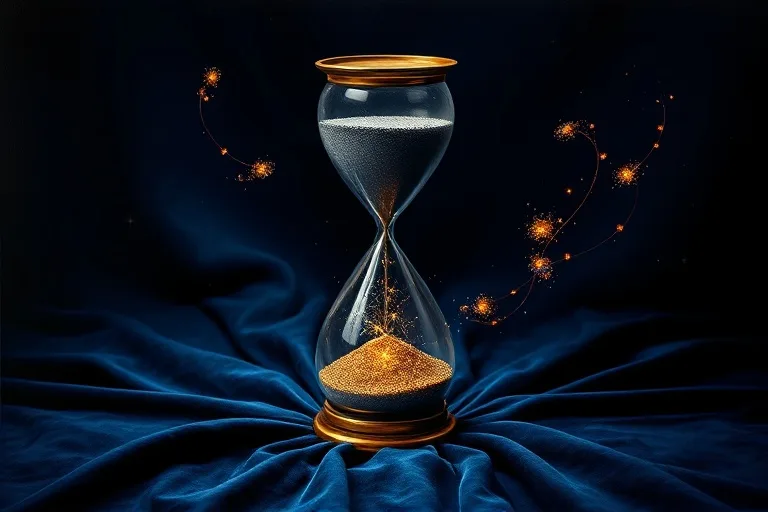 Pintura al óleo de un reloj de arena solitario, medio lleno de arena oscura y medio de polvo dorado, sobre un paño de terciopelo con fragmentos abstractos, simbolizando la dualidad y los límites disueltos.