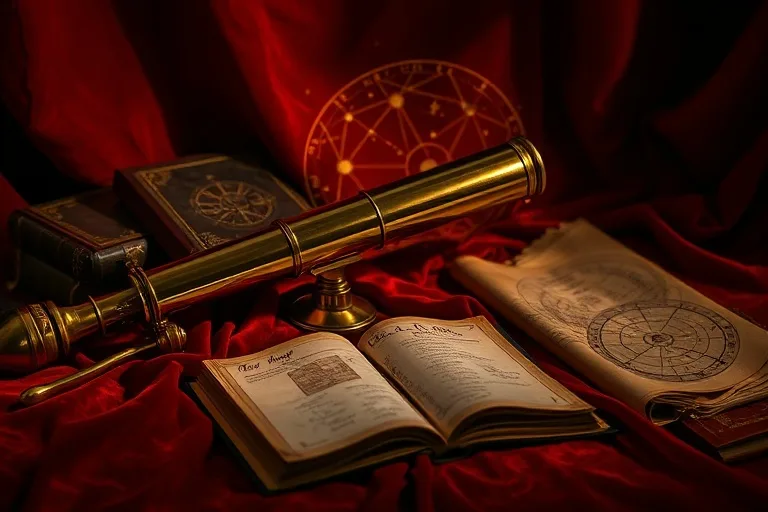 Fotografía cinematográfica de un antiguo telescopio de latón sobre un paño de terciopelo, rodeado de libros de astrología y un pergamino de carta natal, con iluminación dramática.