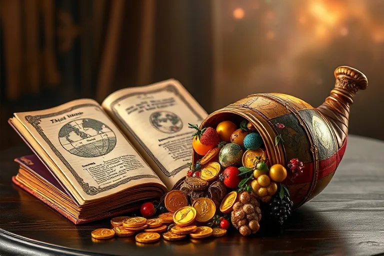 Bodegón de un libro antiguo, globo terráqueo y cornucopia, simbolizando la sabiduría y abundancia de Júpiter