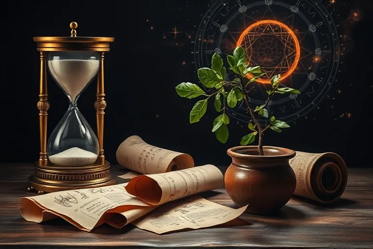Pintura al óleo de un reloj de arena antiguo, pergaminos y un roble joven, simbolizando el tiempo y la disciplina de Saturno