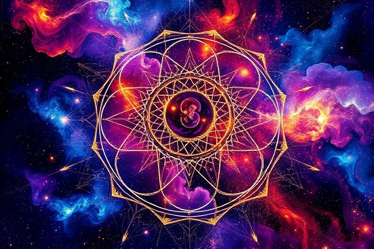Pintura abstracta de energías cósmicas entrelazadas, representando la interconexión de los astros y el destino.