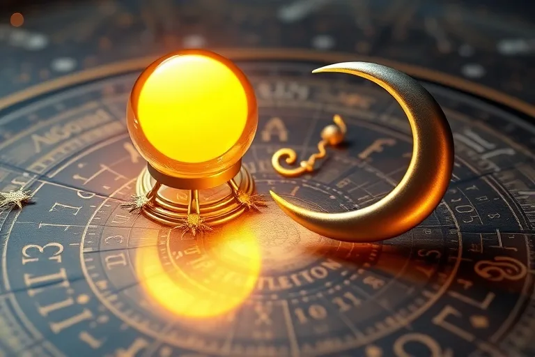 Representación conceptual en 3D de un orbe dorado y una luna creciente plateada, con símbolos de pensamiento, amor y acción, sobre una carta astrológica iluminada.