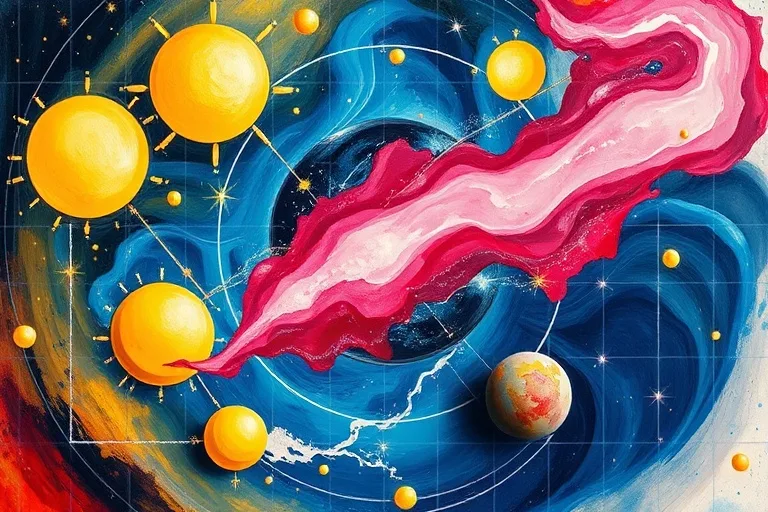 Pintura al óleo abstracta que representa la energía de los planetas personales con esferas amarillas, remolinos azules, líneas plateadas, tonos rosados y rojos vibrantes.