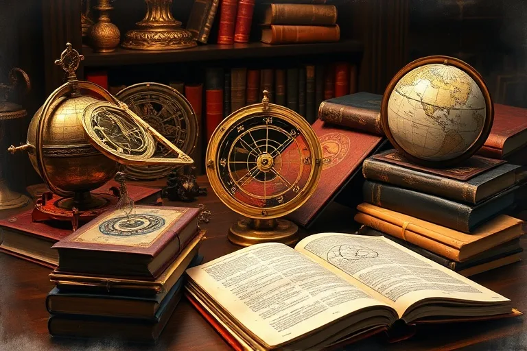Colección de astrolabios antiguos y globos celestes sobre un escritorio de madera, rodeados de libros de astrología, evocando estudio y sabiduría ancestral.