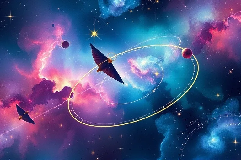 Pintura de acuarela de un paisaje cósmico con nebulosas vibrantes y órbitas planetarias estilizadas, con signos zodiacales abstractos integrados, simbolizando la interconexión del destino.