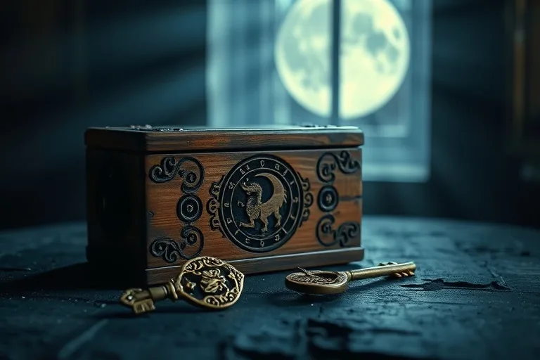 Bodegón cinematográfico de una antigua caja de madera cerrada con símbolos celestes, una llave ornamentada a su lado, bajo la luz de la luna.