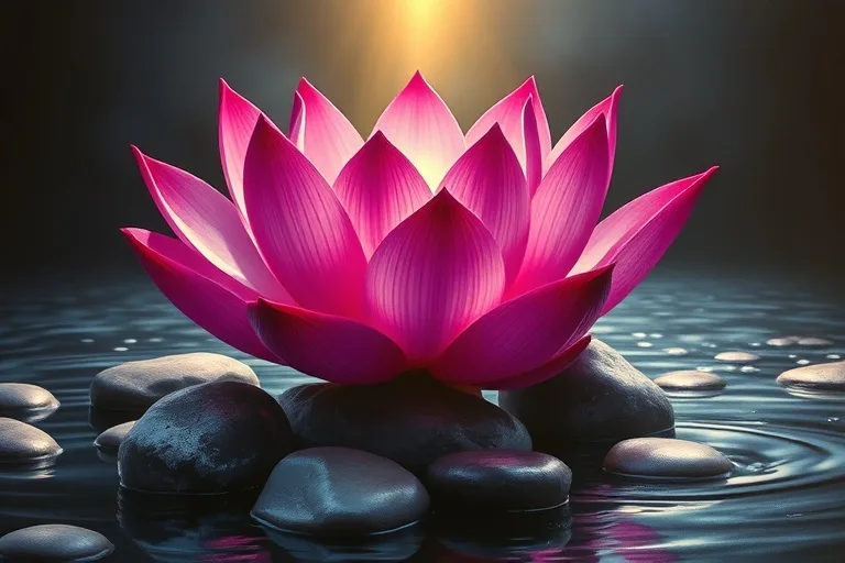 Pintura al óleo de una flor de loto vibrante emergiendo de aguas turbias, pétalos abriéndose hacia una luz dorada, con piedras de río pulidas alrededor.