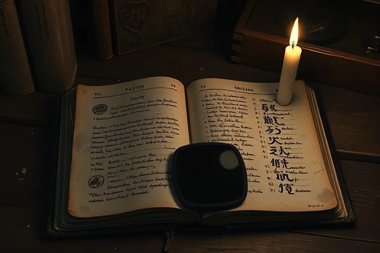 Bodegón cinematográfico de un diario antiguo y desgastado abierto sobre un escritorio de madera polvoriento, con sus páginas llenas de símbolos crípticos y escritos apenas legibles. Una única vela parpadeante proyecta largas sombras, iluminando un pequeño espejo de obsidiana pulida que refleja formas abstractas y distorsionadas.