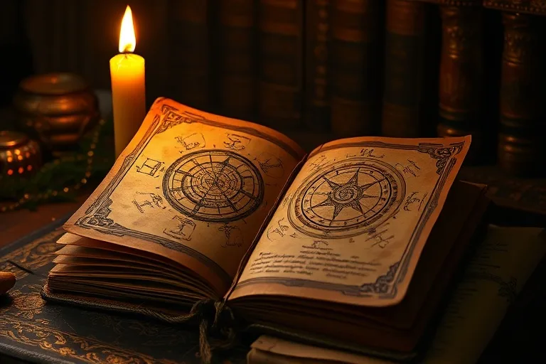 Un antiguo diario con símbolos crípticos y un pergamino con escritura desvanecida iluminado por una vela, evocando secretos y conocimiento oculto.