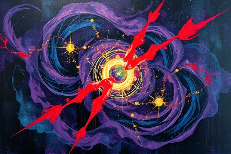 Pintura al óleo abstracta con remolinos de púrpuras oscuros y azules profundos, con vetas de carmesí y oro, simbolizando destrucción y renacimiento.