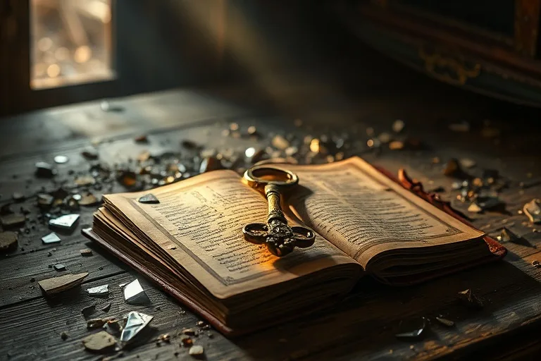Fotografía cinematográfica de un libro antiguo abierto con una llave brillante, rodeado de fragmentos de espejo, en una habitación polvorienta, simbolizando el descubrimiento de secretos y la fragmentación del ego.